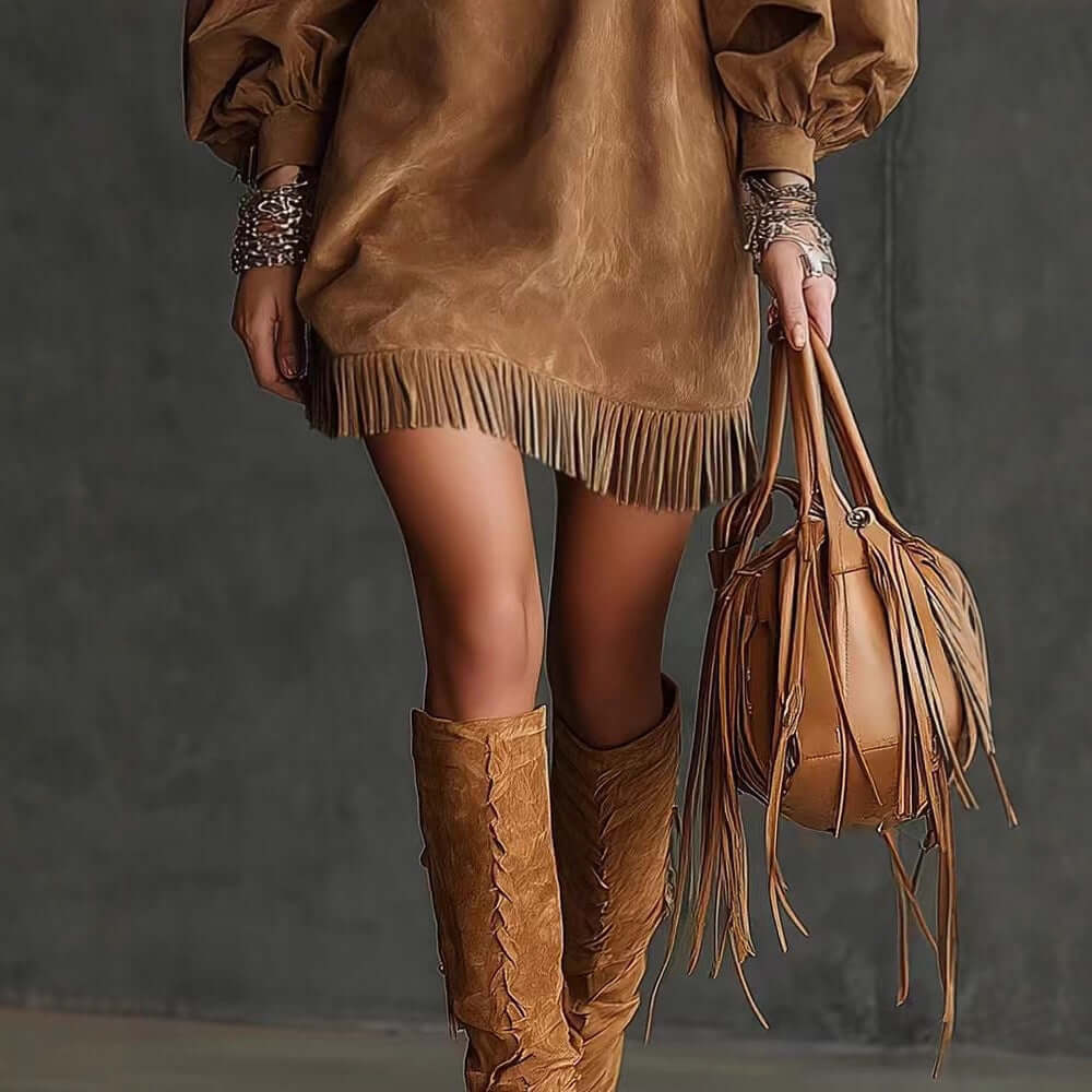 Ladies Fringe Loose Dress – Solid Color Casual Tassel Style Outfit