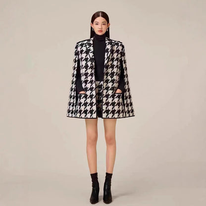 “Women’s Houndstooth Wool Cape Coat & Shorts Set Winter Outfit”