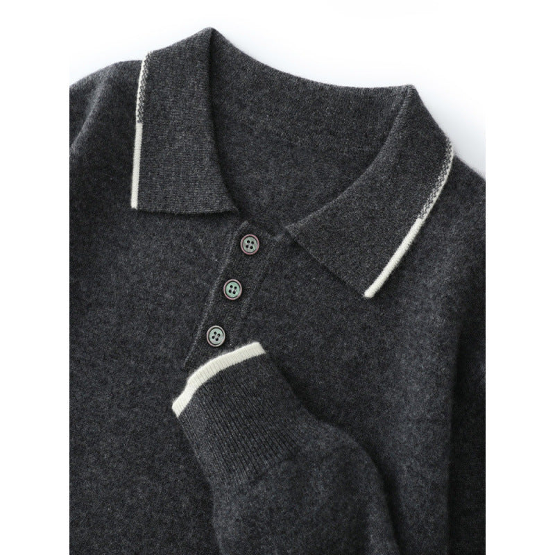 Men's Long Sleeve Polo Collar Casual Fashion Color Block Long Sleeve Knitted Sweater