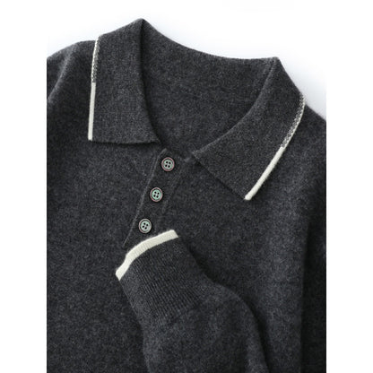 Men's Long Sleeve Polo Collar Casual Fashion Color Block Long Sleeve Knitted Sweater