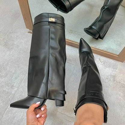 Women’s Mid-Calf Winter Boots with Pointed Toe and Chunky Heel