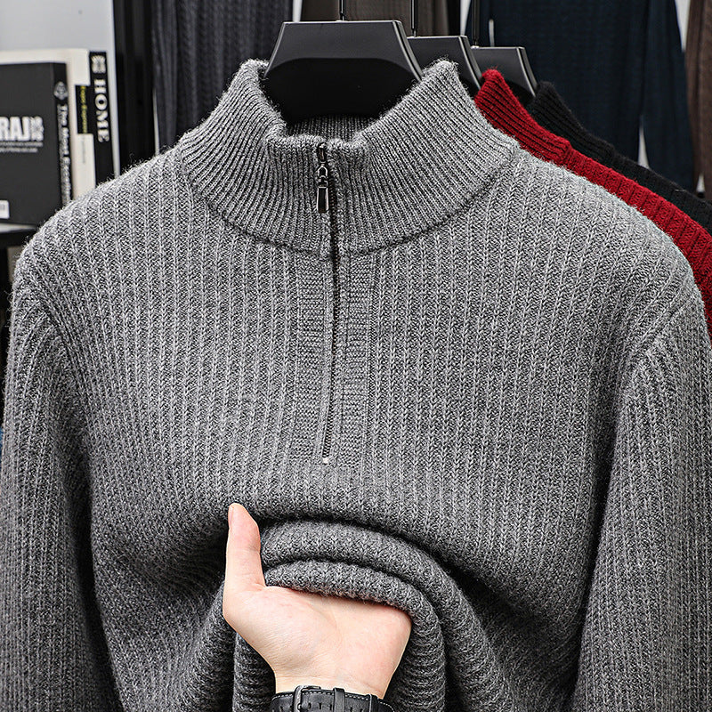 Thickened Men's Half-zip Stand-up Collar Pure Wool Knitted Pullover Warm Sweater