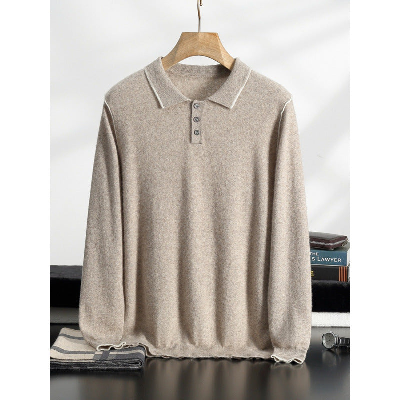 Men's Long Sleeve Polo Collar Casual Fashion Color Block Long Sleeve Knitted Sweater