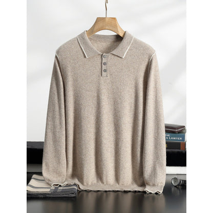 Men's Long Sleeve Polo Collar Casual Fashion Color Block Long Sleeve Knitted Sweater