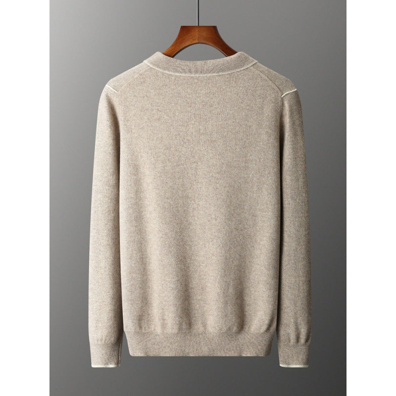 Men's Long Sleeve Polo Collar Casual Fashion Color Block Long Sleeve Knitted Sweater