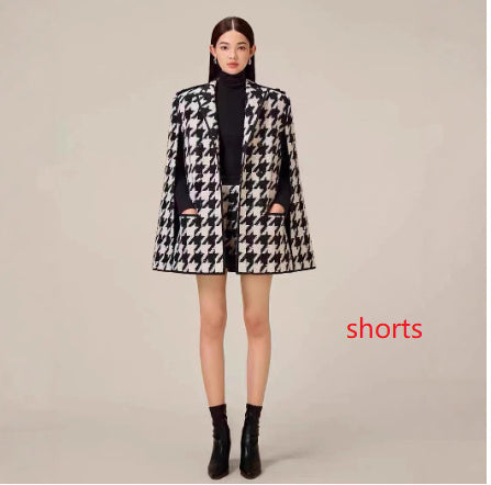 “Women’s Houndstooth Wool Cape Coat & Shorts Set Winter Outfit”