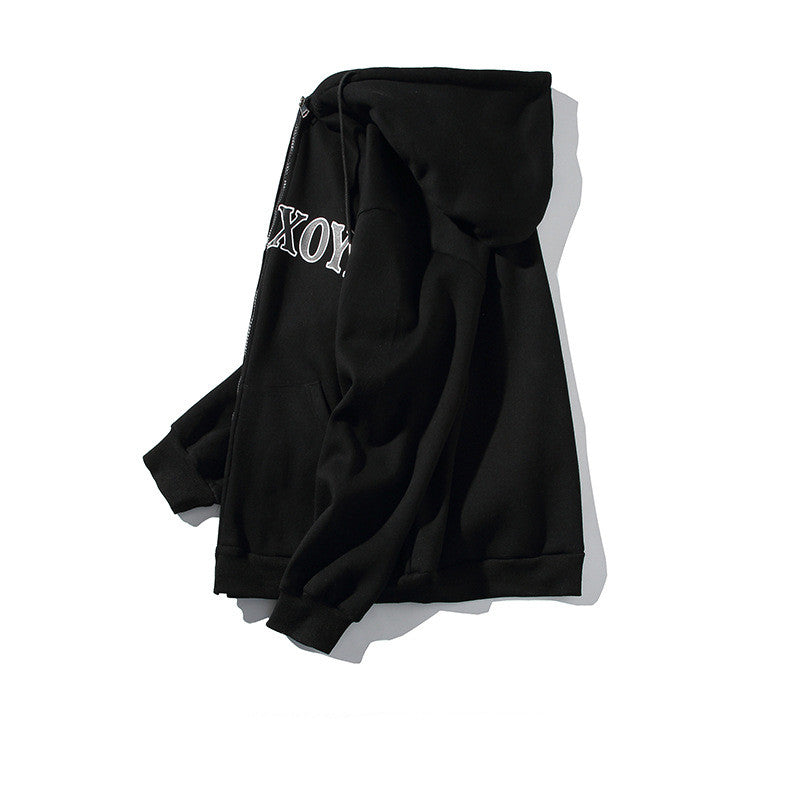 Alphabet-print Hooded Cardigan Sweater On White