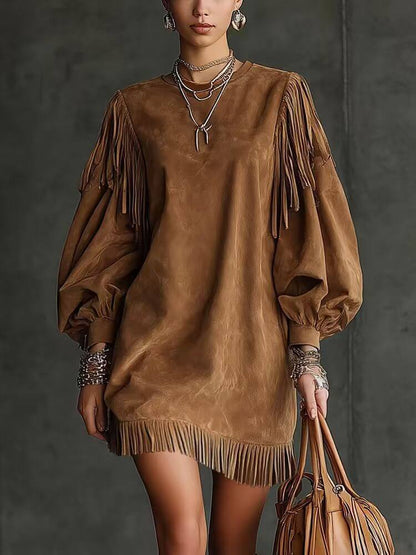 Ladies Fringe Loose Dress – Solid Color Casual Tassel Style Outfit